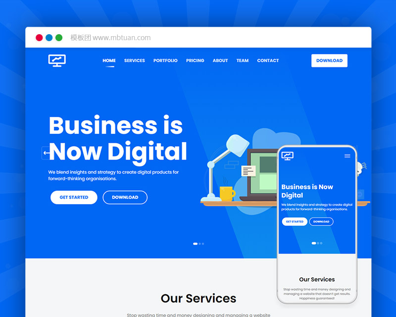 蓝色高端大气图形图像广告设计HTML5+CSS3自适应静态企业英文网站模板