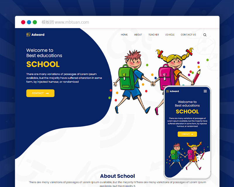 幼儿园学校教育行业 HTML5+CSS3自适应静态英文网站模板